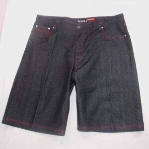 Kayden K Mens Loose Fit Denim Shorts Dark Wash Red Contrast Stitch Size 44 Baggy